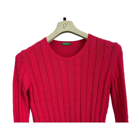 UNITED COLORS Of BENETTON Cable Knitted Crewneck Cotton Red Raspberry Size Small - Picture 4 of 10